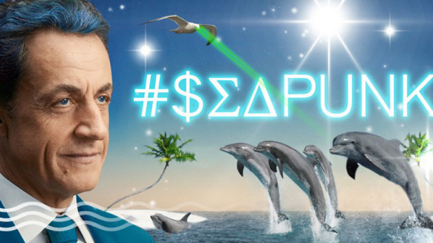 El Seapunk es una subcultura que nació en internet, concretamene en Tumblr y Twitter y se ha desarrollado en la estética, la moda y la música. Adaptación al estilo seapunk de Fred Hasselot de un cartel de campaña de La France forte de Nicolas Sarkozy.