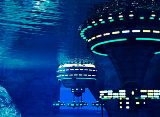 Representacion virtual de una colonia base submarina dirigida por inteligencia artificial.