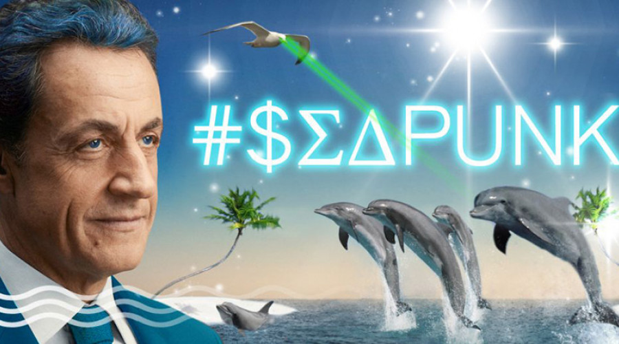 El Seapunk es una subcultura que nació en internet, concretamene en Tumblr y Twitter y se ha desarrollado en la estética, la moda y la música. Adaptación al estilo seapunk de Fred Hasselot de un cartel de campaña de La France forte de Nicolas Sarkozy.