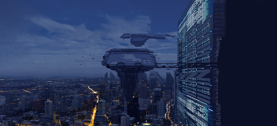 Distopía,escena de una sociedad futurista de ciencia ficción, mundos utópicos