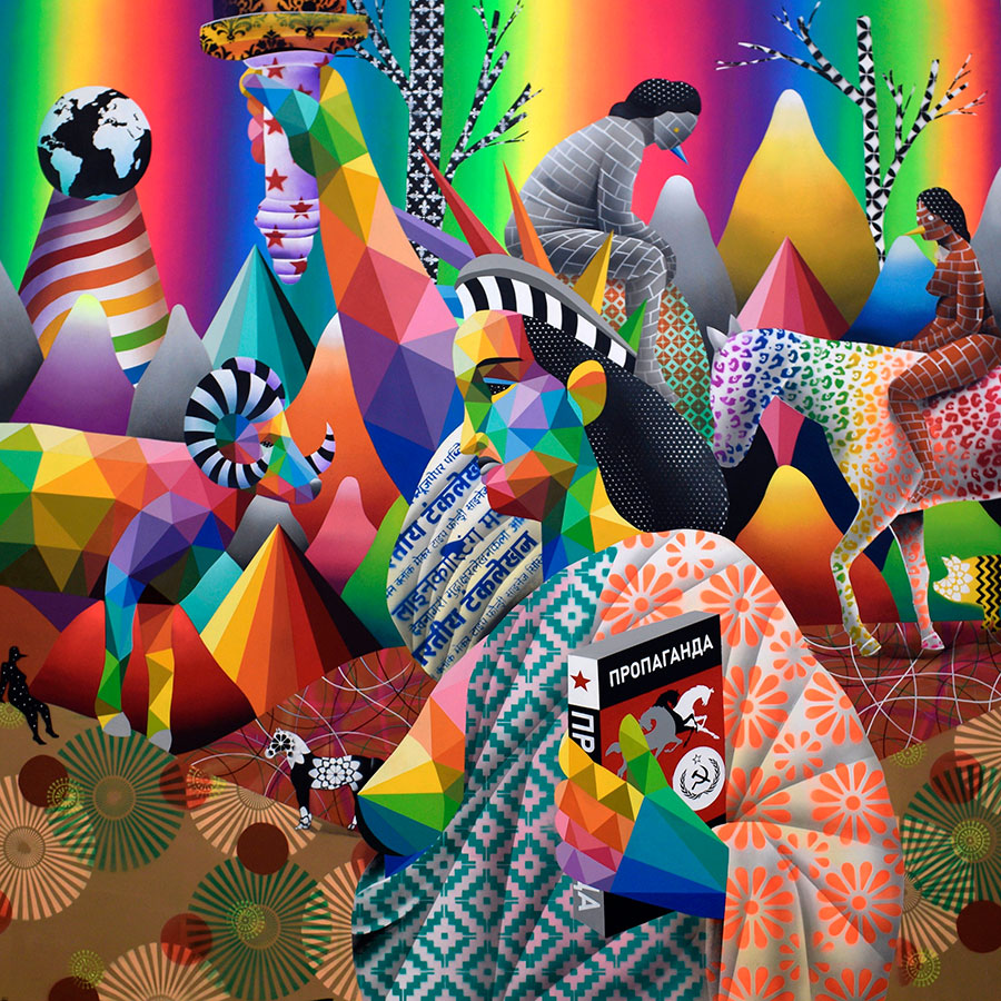 Boreal Revolution, obra del artista Okuda San Miguel del año 2019, esmalte sobre madera