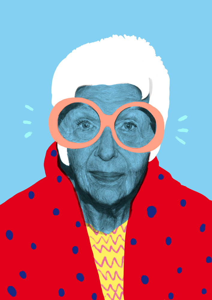 Ilustracion de Iris Apfel hecha por Jordan Andrew Carter.