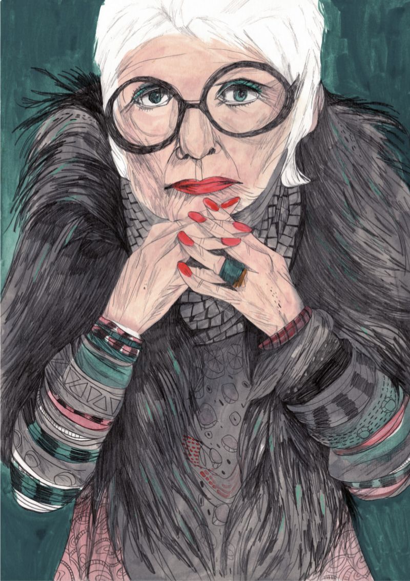 Ilustracion de Iris Apfel hecha por María Herreros.