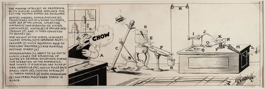 Dibujo de Rube Goldberg del año 1929 del Professor Butts y su invento de máquina para pegar sellos, explicado paso a paso