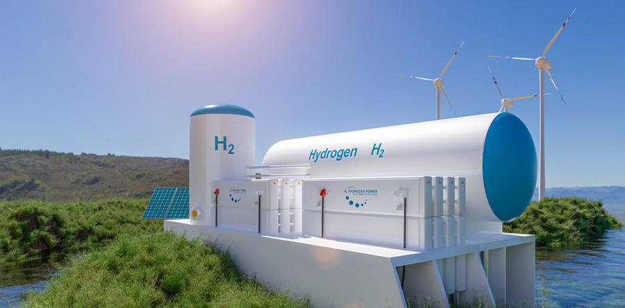 Producción de energía de hidrógeno verde alimentada por electricidad renovable, energía ecológica alternativa sostenible de hidrógeno no contaminante, H2