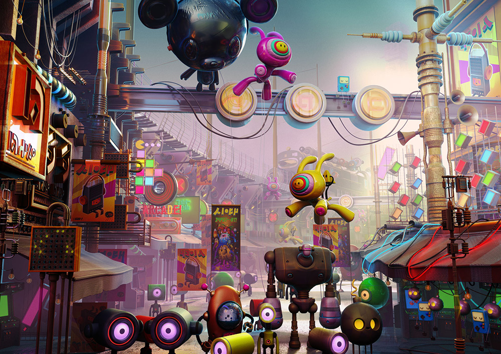 ilustrador jonathan ball ilustraciones 3D train market dof